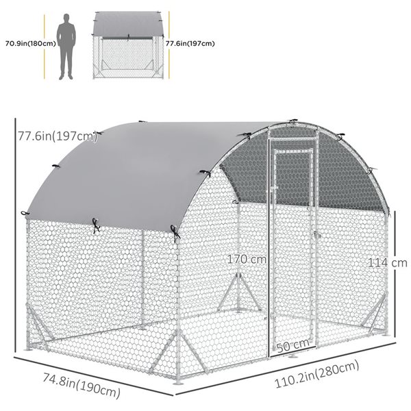 PawHut Galvanized Metal Chicken Coop with Walk-in Enclosure Poultry