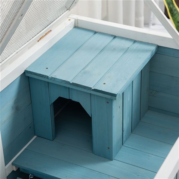 PawHut Blue Wood Indoor Rabbit Hutch with Wheels