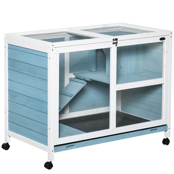 PawHut Blue Wood Indoor Rabbit Hutch with Wheels