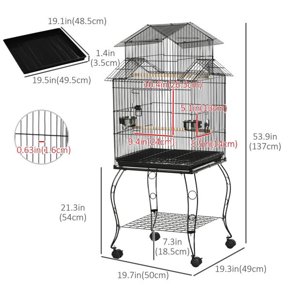 Grande cage pour oiseaux en acier 53,9 po PawHut avec support roulant