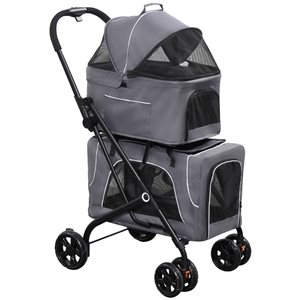PawHut 3-in-1 Grey Double Pet Stroller for Small Animals with Removable Carrier