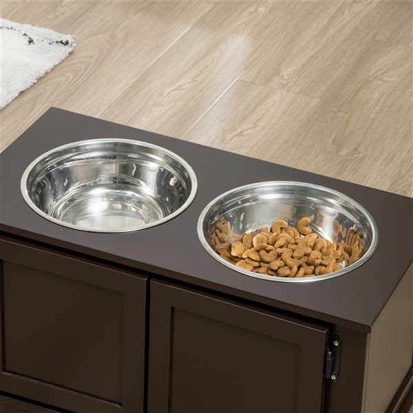 PawHut Dark Brown Dog Feeder with 2 Stainless Steel Bowl