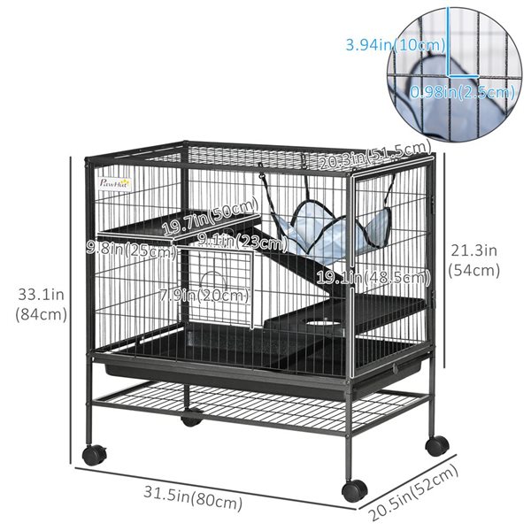 Cage à 3 niveaux pour petits animaux PawHut avec hamac et tablette de rangement