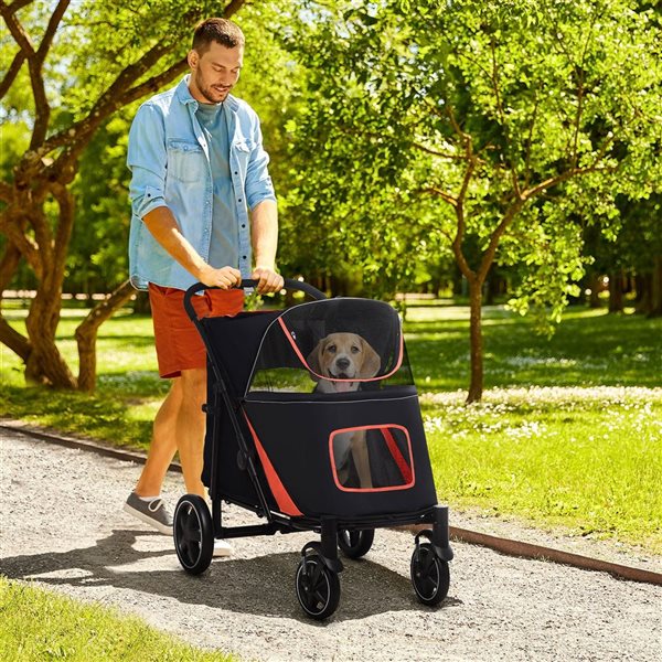 PawHut Black and Red Pet Stroller with Universal Front Wheels