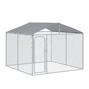 PawHut Mesh Sidewalls Outdoor Dog Kennel with Roof 9.8 x 9.8 x 7.7-ft H