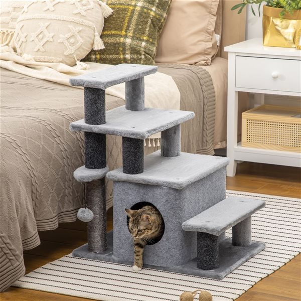 PawHut Adjustable Height Cat Stairs with Sisal Scratching Posts and Cat House