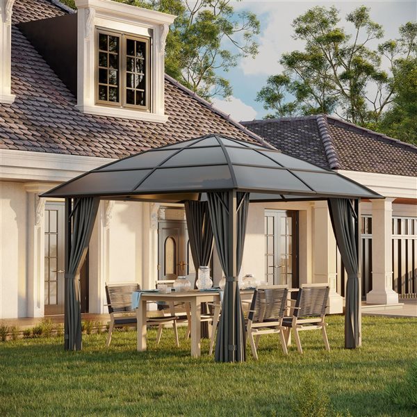 Outsunny 10-ft x 10-ft Black/Dark Grey Metal Square Gazebo with Polycarbonate Roof and Curtains