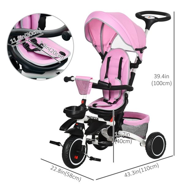 Aosom Pink 6-in-1 Toddler Tricycle with Rotatable Seat