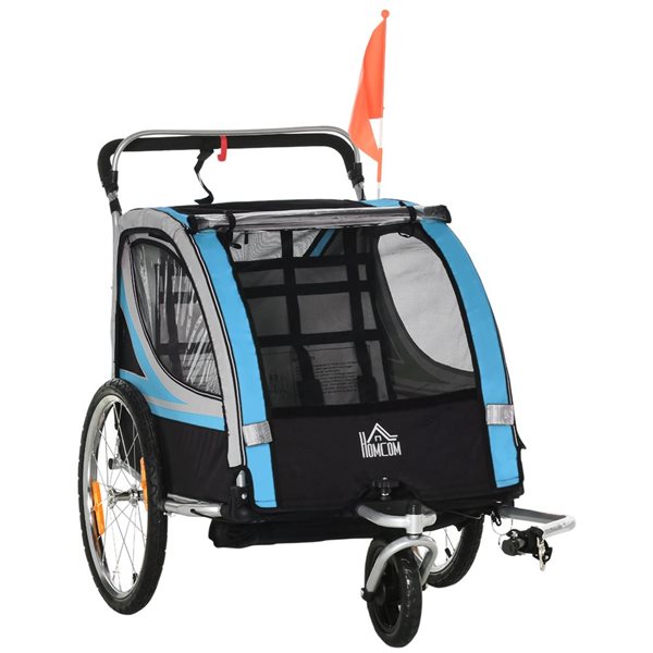 Aosom 2 in 1 Child Bike Trailer Baby Stroller with Brake Storage Bag Safety Flag Reflectors 5 Point Harness Blue