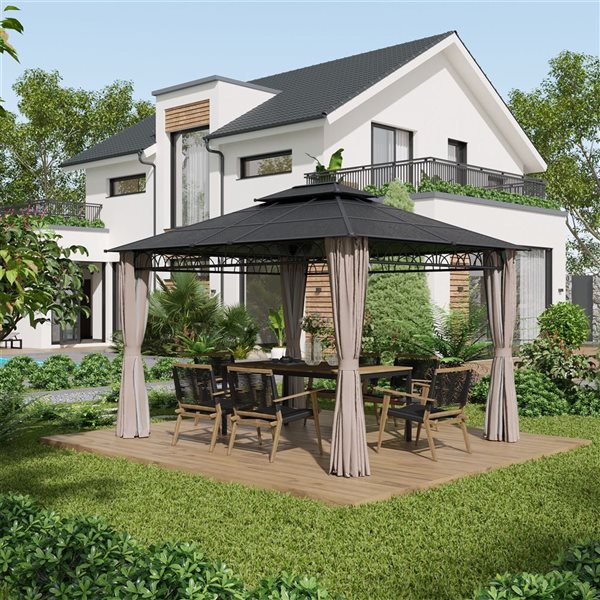 Outsunny 12-ft x 10-ft Black/Grey/Khaki Metal Gazebo with Curtains and Polycarbonate Roof