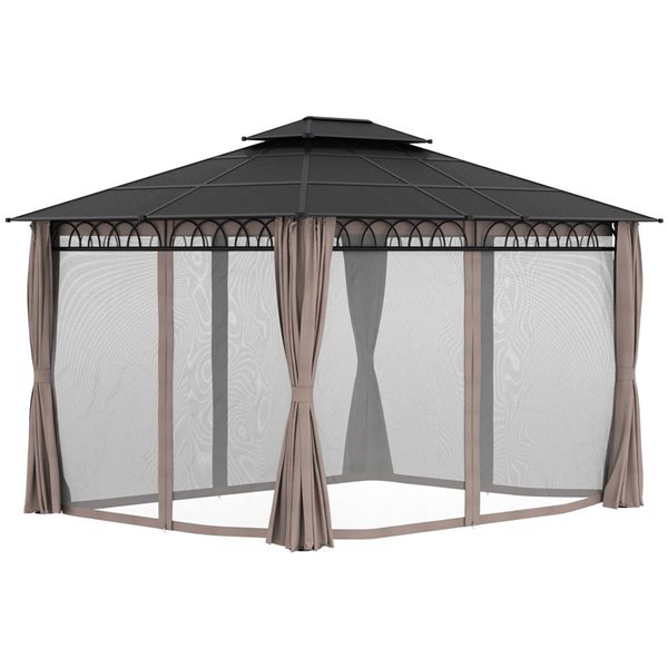 Outsunny 12-ft x 10-ft Black/Grey/Khaki Metal Gazebo with Curtains and Polycarbonate Roof