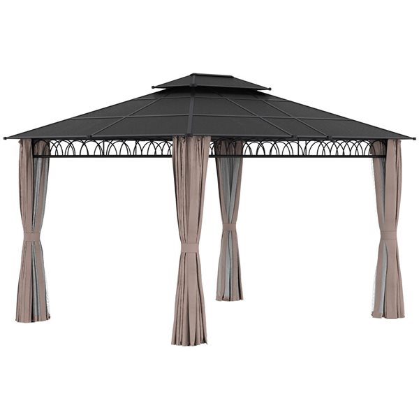 Outsunny 12-ft x 10-ft Black/Grey/Khaki Metal Gazebo with Curtains and Polycarbonate Roof