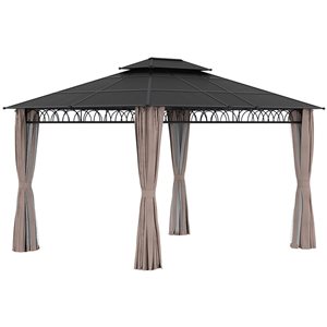 Outsunny 12-ft x 10-ft Black/Grey/Khaki Metal Gazebo with Curtains and Polycarbonate Roof