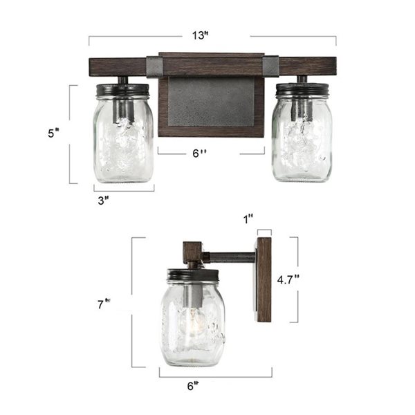 LNC Maison 2-Lights Black Mason Jar and Brown Wood Traditional Vanity Light