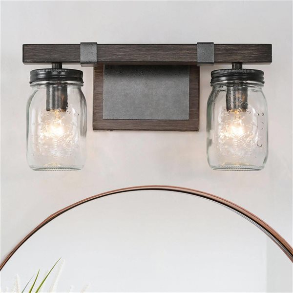 LNC Maison 2-Lights Black Mason Jar and Brown Wood Traditional Vanity Light