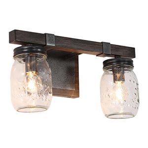 LNC Maison 2-Lights Black Mason Jar and Brown Wood Traditional Vanity Light