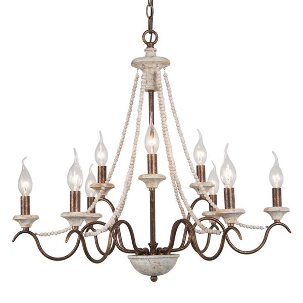 LNC Royal 9-Light Mottled Gold and White Beads French Country/Cottage Chandelier