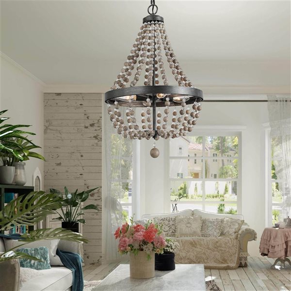 LNC Mocha 4-Light Brushed Black Silver Bohemian/Global Beaded Chandelier