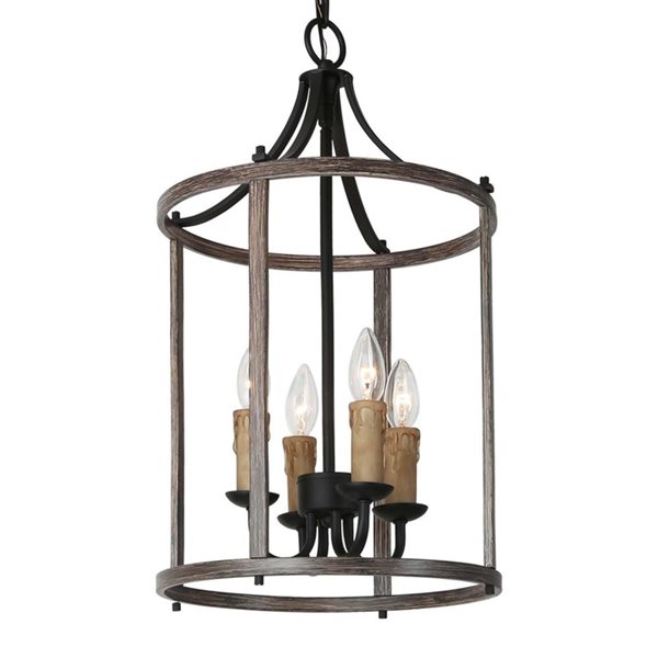 LNC Ribbon 4-Light Matte Black and Wood Tone Farmhouse Kitchen Island Light