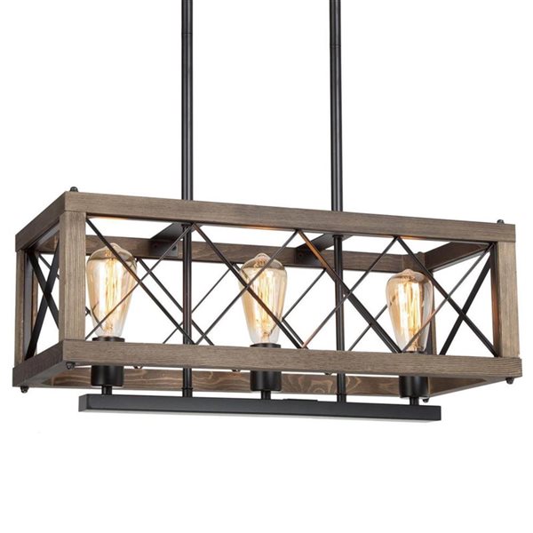 LNC Laius 3-Light Matte Black and Wood Grain Farmhouse Linear Chandelier