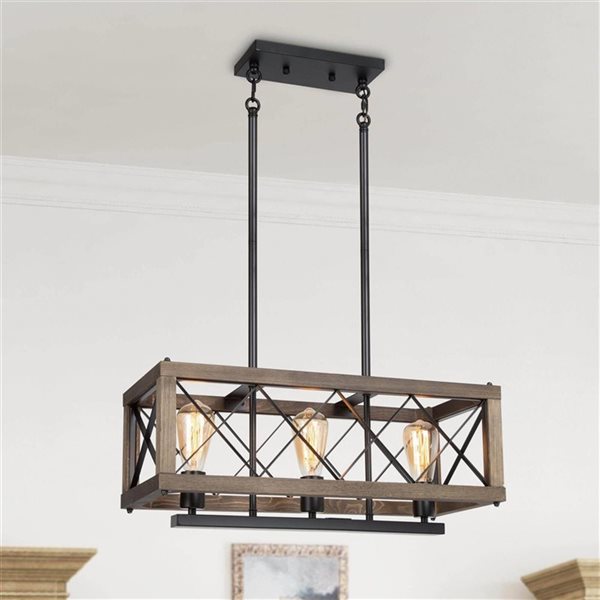 LNC Laius 3-Light Matte Black and Wood Grain Farmhouse Linear Chandelier