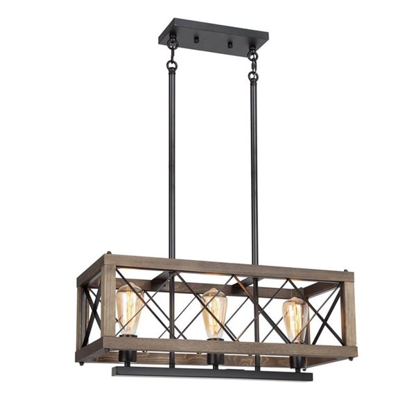 LNC Laius 3-Light Matte Black and Wood Grain Farmhouse Linear Chandelier