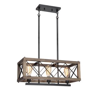 LNC Laius 3-Light Matte Black and Wood Grain Farmhouse Linear Chandelier