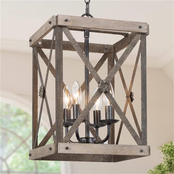 LNC Lauis 4-Light Balck and Grey Wood Farmhouse Kitchen Island Light