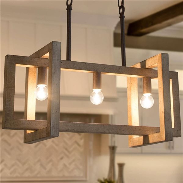 LNC Quaint 3-Light Distressed Wood Brown and Bronze Linear Farmhouse Chandelier