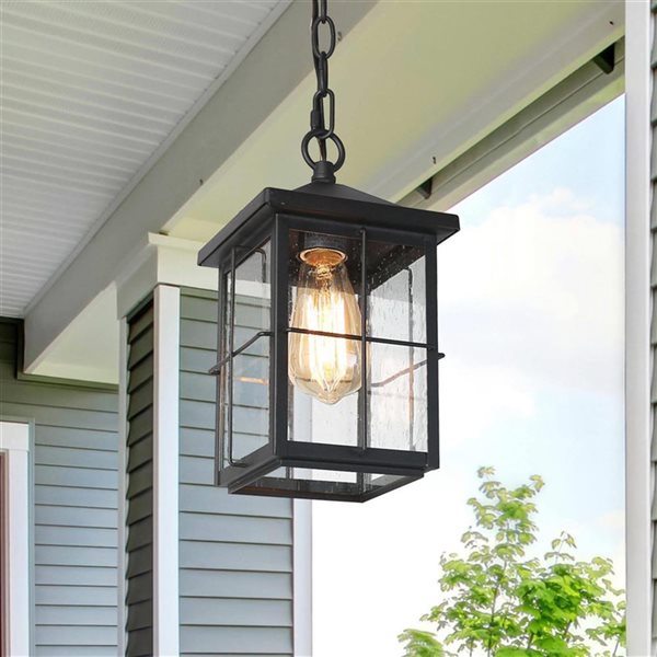 LNC 11.5-in Matte Black and Seeded Glass Modern Square LED Outdoor Pendant Light