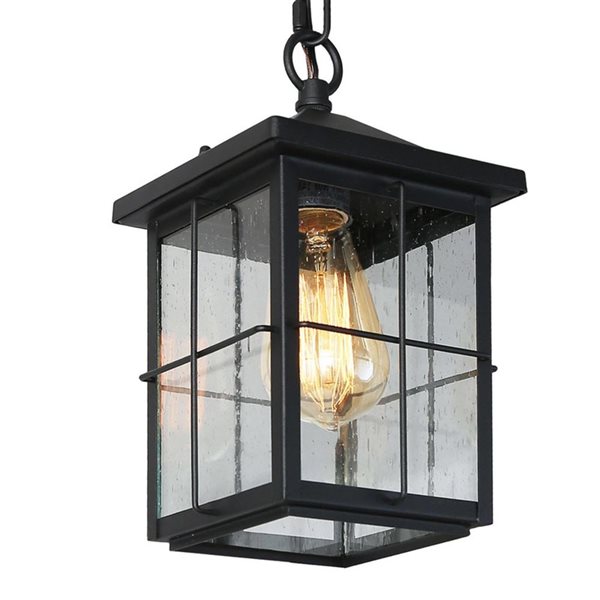 LNC 11.5-in Matte Black and Seeded Glass Modern Square LED Outdoor Pendant Light