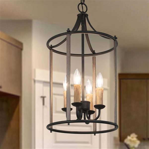 LNC Ribbon 4-Light Matte Black and Wood Tone Farmhouse Cylinder Pendant Light