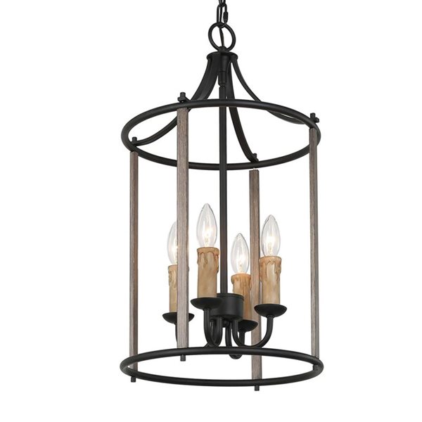 LNC Ribbon 4-Light Matte Black and Wood Tone Farmhouse Cylinder Pendant Light