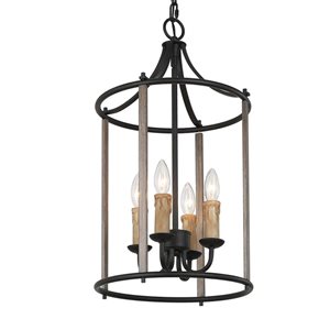 LNC Ribbon 4-Light Matte Black and Wood Tone Farmhouse Cylinder Pendant Light