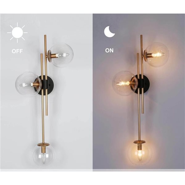 LNC Charm 30-in 3-Light Matte Black and Gold Globe Clear Glass Modern Wall Sconce