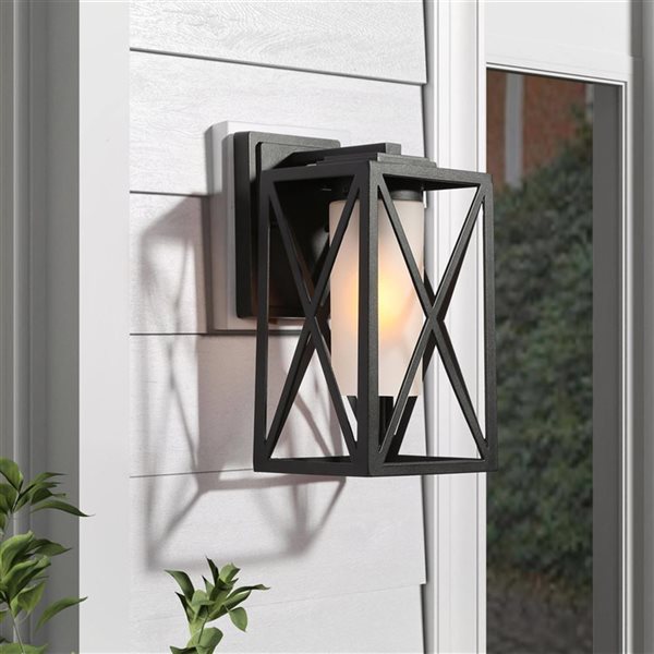 LNC 1-Light 12.2-in Black and Opal Glass Outdoor Wall Light