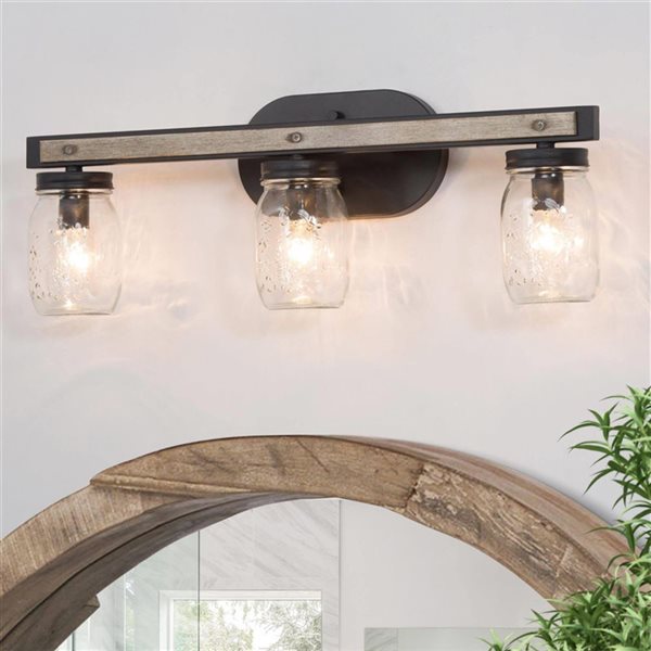 LNC Holmes 3-Light Black and Grey Wood Tone Farmhouse Vanity Light Bar