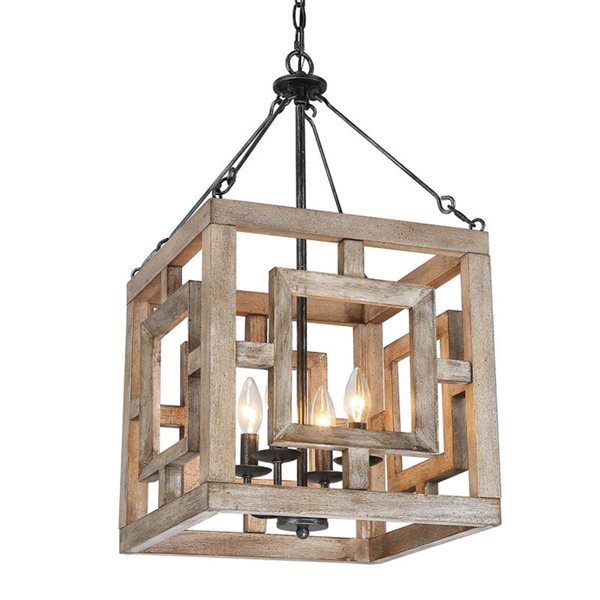 LNC Quaint 4-Light Wood and Brushed Black Farmhouse Square Kitchen Island Light