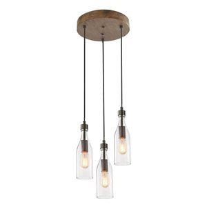 LNC Filia wood 3-Light Distressed Wood with Clear Glass Farmhouse Pendant Light