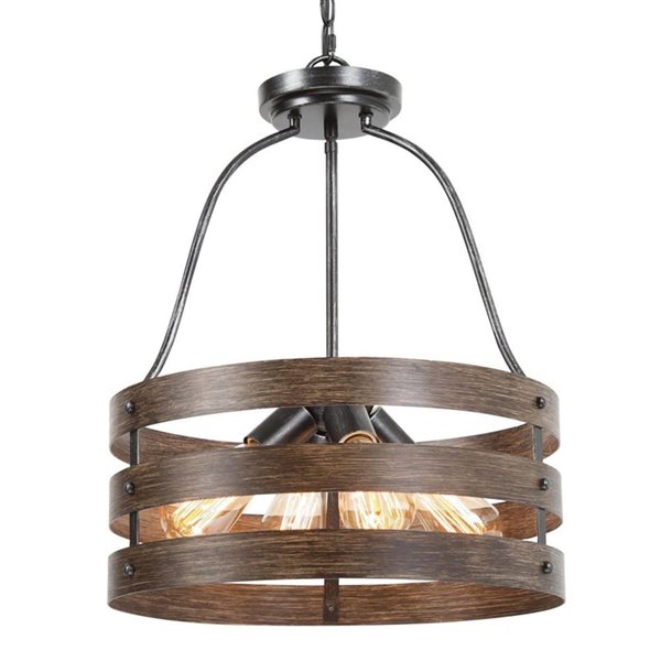 LNC Martin 4-Light Wood Tone Farmhouse Drum Kitchen Island Light