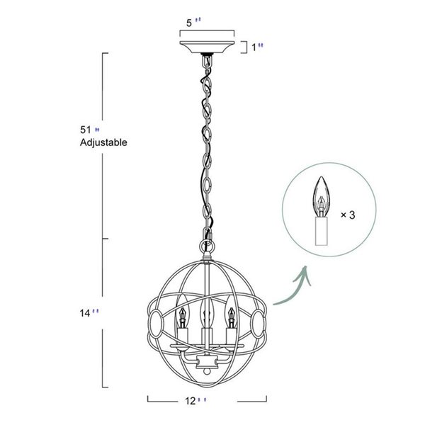 Lustre campagnard rustique à 3 ampoules en bronze rouillé moka LNC