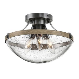 LNC Holmes 3-Light 11.5-in Distressed Wood Grey and Glass Flush Mount Light