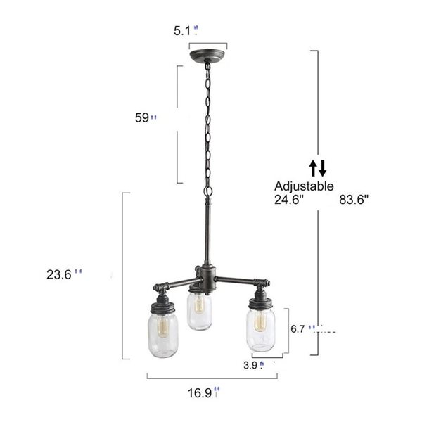 Lustre linéaire traditionnel à 3 ampoules noir brossé et pot Masson LNC