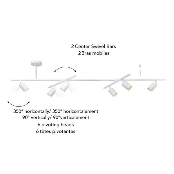 Rail d'éclairage West à intensité variable à 6 lumières avec barres pivotantes centrales par Globe Electric, blanc mat