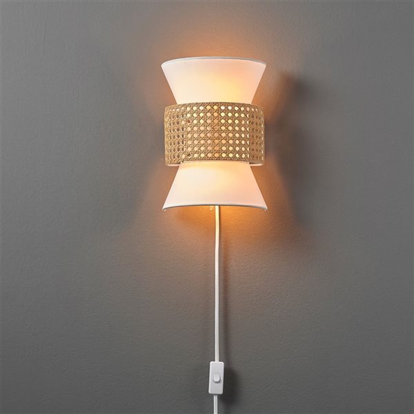 Globe Electric Ayla 2-Light Plug-In or Hardwire Wall Sconce with White  Fabric Shade and Rattan Accent