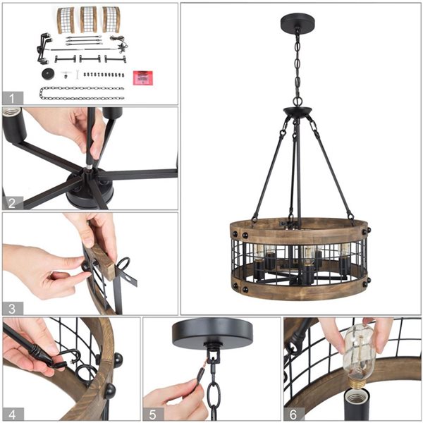 LNC Laius 5-Light Antique Brown and Rustic Black Farmhouse Drum LED Chandelier