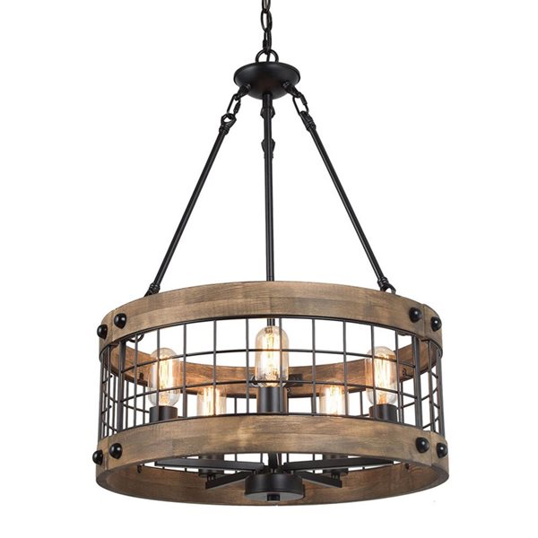 LNC Laius 5-Light Antique Brown and Rustic Black Farmhouse Drum LED Chandelier