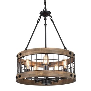 LNC Laius 5-Light Antique Brown and Rustic Black Farmhouse Drum LED Chandelier