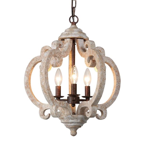 LNC Quaint 3-Light White Washed Wood and Rustic Bronze Cage Chandelier