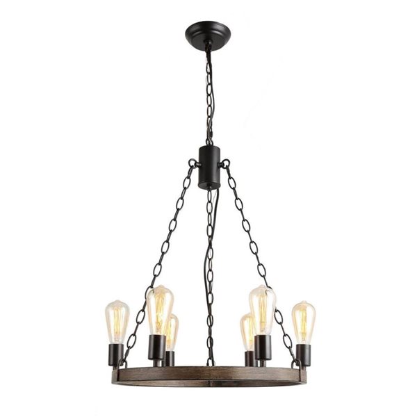 LNC Aulus 6-Light Black and Wood Brown Farmhouse Chandelier